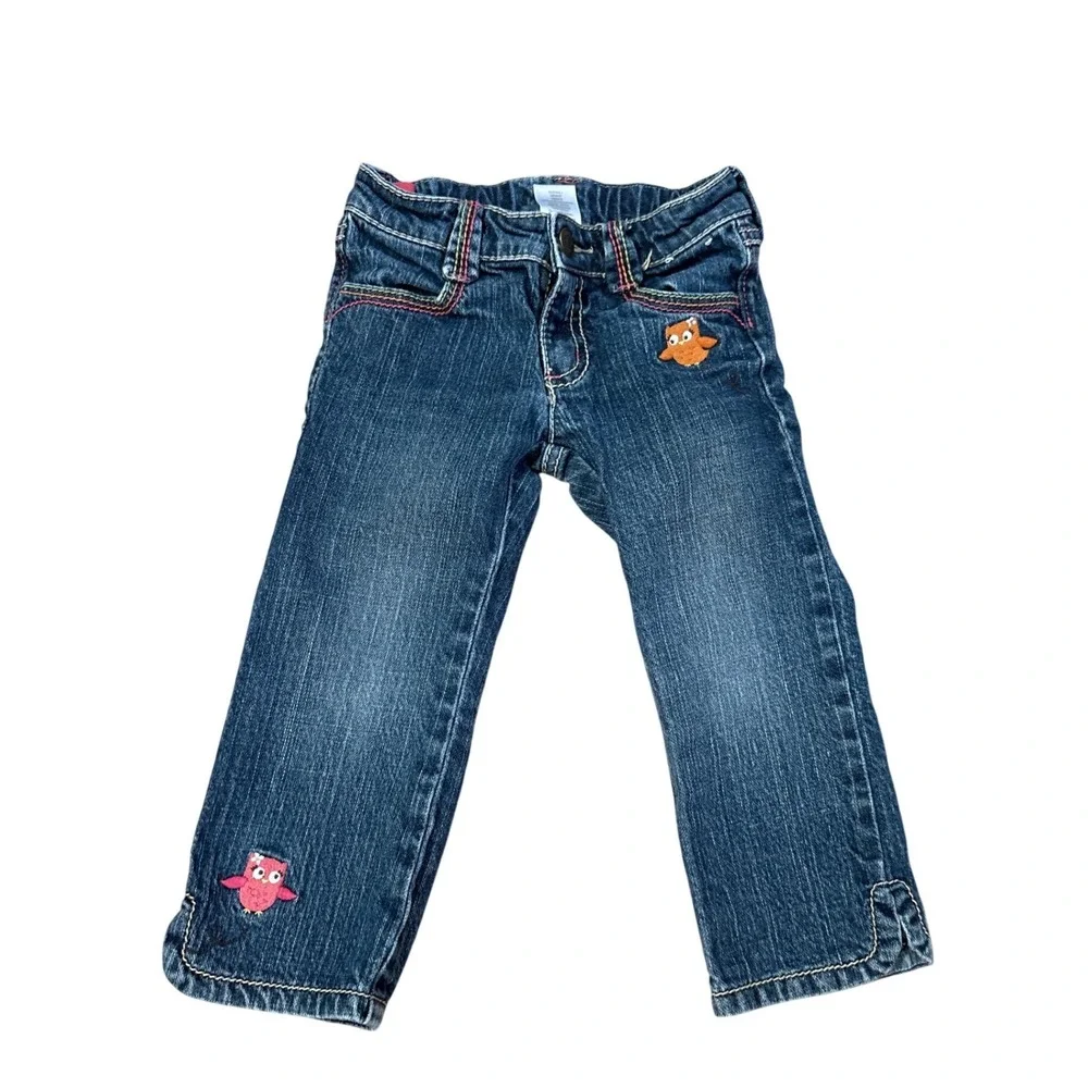 Gymboree Jeans Kids Blue Owl Embroidered Rainbow Stitch Denim SIZE 2T